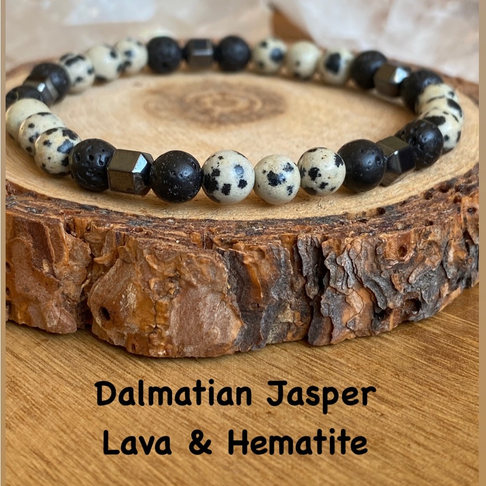 2/$35 - Dalmatian Jasper, Lava & Hematite Stone Stretchy Bracelet - Unisex - 6mm